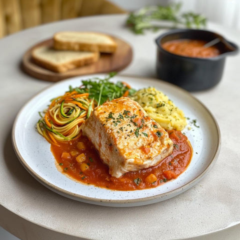 White Sturgeon in Italian Tomato Sauce with Carrot and Zucchini Noodles and Mashed Potatoes, 12 oz