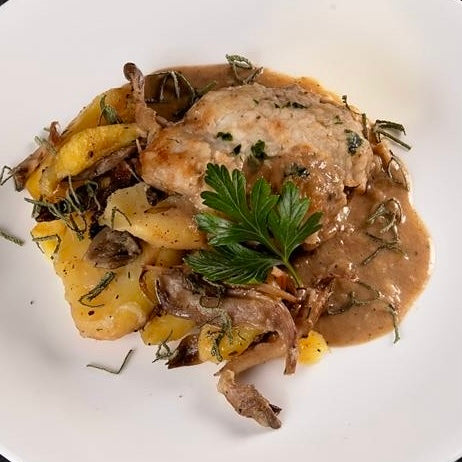 Wild Halibut with Potatoes and Oyster Mushroom Sauce, 11 oz