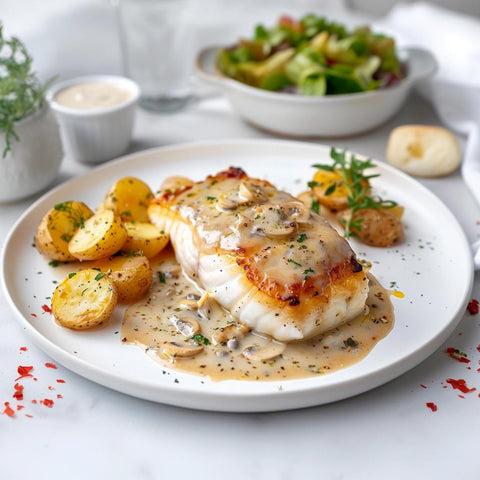 Wild Halibut with Potatoes and Oyster Mushroom Sauce, 11 oz