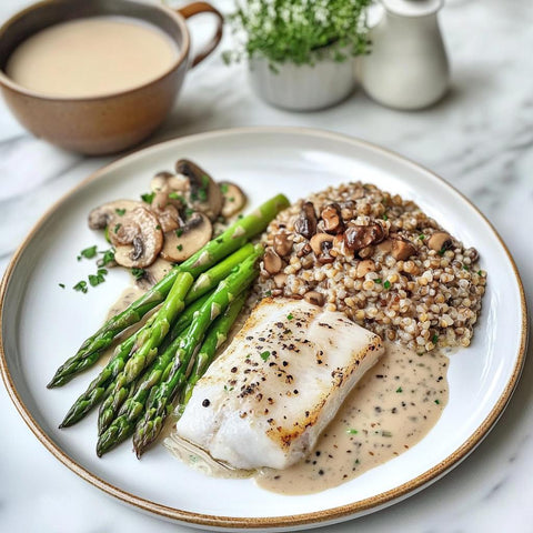 White Sturgeon in Porcini Mushroom Sauce with Asparagus and Buckwheat, 12 oz