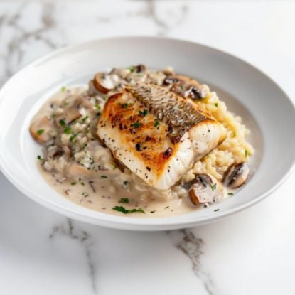 Picture of Wild Halibut with Three Mushroom Risotto, 11 oz