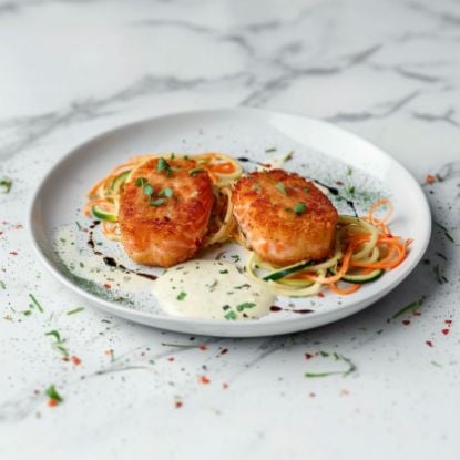 Picture of Salmon Fishcakes with Zucchini, Carrots and Bechamel Sauce, 11 oz